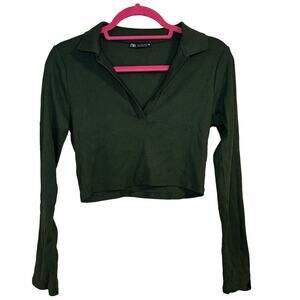 Zara Dark Green Collared Ribbed Crop Top Size L